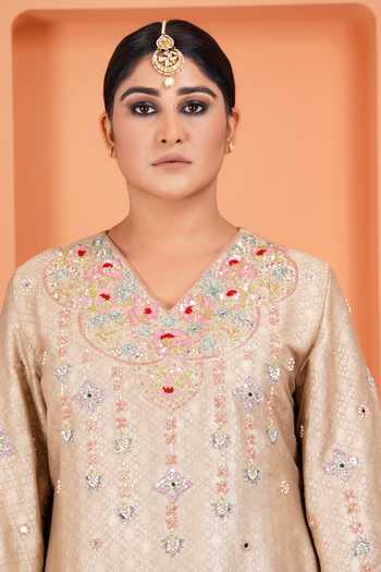 Sheeshakari_Beige Silk V-neck Hand Embroidered Kurta Set _Online_at_Aza_Fashions