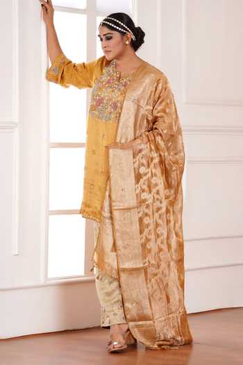 Shop_Sheeshakari_Yellow Silk V-neck, Yes Embroidered Yoke Kurta Set _Online_at_Aza_Fashions