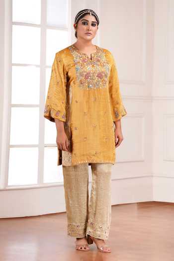 Sheeshakari_Yellow Silk V-neck, Yes Embroidered Yoke Kurta Set _at_Aza_Fashions