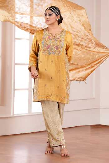 Shop_Sheeshakari_Yellow Silk V-neck, Yes Embroidered Yoke Kurta Set 