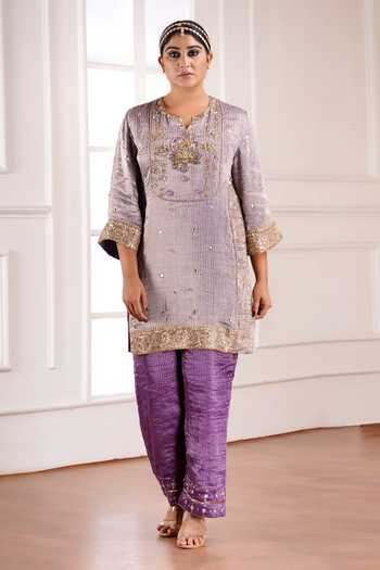 Sheeshakari_Grey Silk V-neck Embroidered Yoke Kurta Set _Online_at_Aza_Fashions