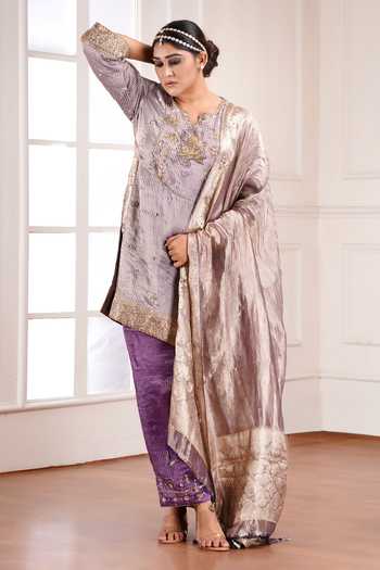 Shop_Sheeshakari_Grey Silk V-neck Embroidered Yoke Kurta Set _Online_at_Aza_Fashions