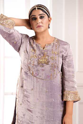 Sheeshakari_Grey Silk V-neck Embroidered Yoke Kurta Set _at_Aza_Fashions