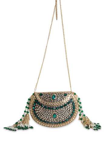 5elements_Gold Beads, Pearls, Stones, Tassels Meherzaan Embellished Potli Bag _at_Aza_Fashions
