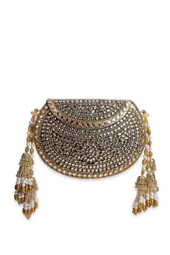 5elements_Gold Iraanshi Floral Embellished Clutch Bag _at_Aza_Fashions