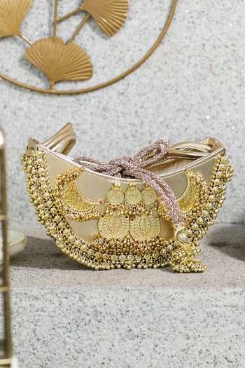 Buy_5elements_Gold Aabha Embellished Baguette Bag _Online_at_Aza_Fashions
