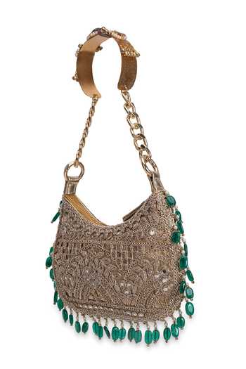 5elements_Gold Mehrunisa Embroidered Baguette Handbag _at_Aza_Fashions