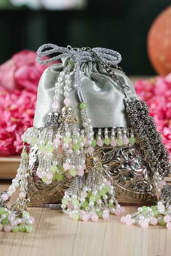 5elements_Silver Beads, Pearls, Tassels Chandrika Brocade Embroidered Potli _Online_at_Aza_Fashions