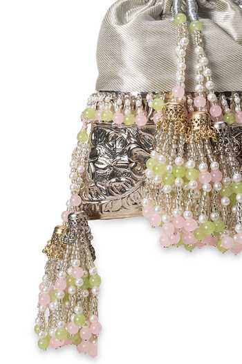 Buy_5elements_Silver Beads, Pearls, Tassels Chandrika Brocade Embroidered Potli _Online_at_Aza_Fashions