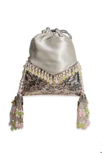 Shop_5elements_Silver Beads, Pearls, Tassels Chandrika Brocade Embroidered Potli _Online_at_Aza_Fashions
