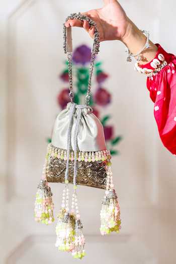5elements_Silver Beads, Pearls, Tassels Chandrika Brocade Embroidered Potli _at_Aza_Fashions