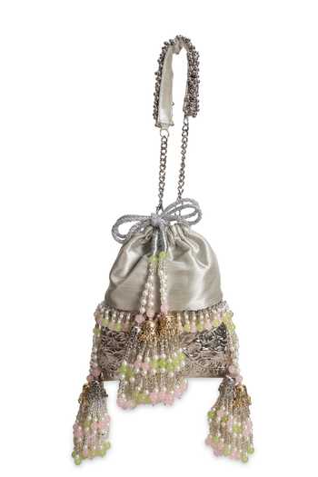 Buy_5elements_Silver Beads, Pearls, Tassels Chandrika Brocade Embroidered Potli 