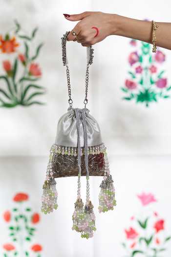 Shop_5elements_Silver Beads, Pearls, Tassels Chandrika Brocade Embroidered Potli 