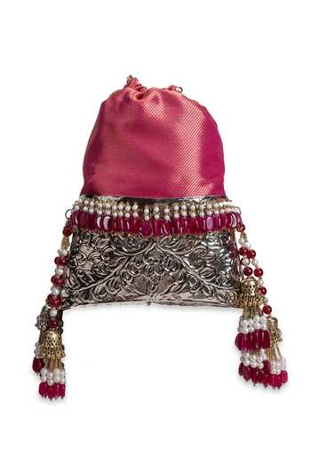 5elements_Pink Beads, Pearls, Tassels Raktima Beaded Potli _at_Aza_Fashions