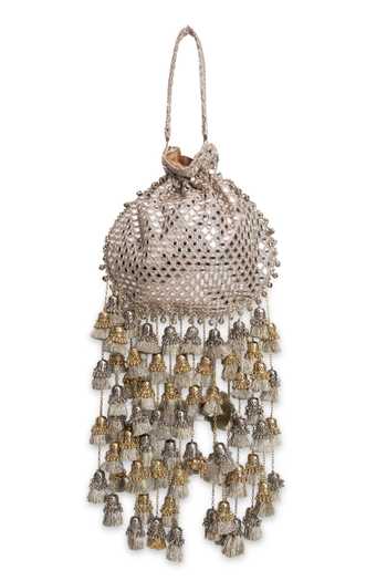 5elements_Gold Mirrors, Tassels Rajnisha Work Potli _at_Aza_Fashions