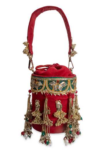 5elements_Red Embroidery, Beads, Stones, Mirrors, Tassels Mayurvalli Potli _Online_at_Aza_Fashions