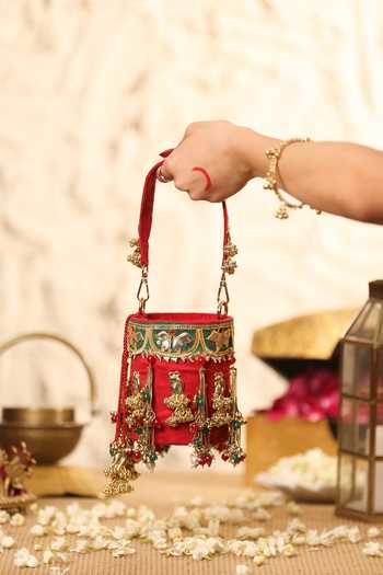 Buy_5elements_Red Embroidery, Beads, Stones, Mirrors, Tassels Mayurvalli Potli _Online_at_Aza_Fashions