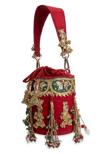 Shop_5elements_Red Embroidery, Beads, Stones, Mirrors, Tassels Mayurvalli Potli _Online_at_Aza_Fashions