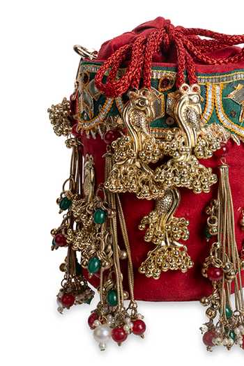 5elements_Red Embroidery, Beads, Stones, Mirrors, Tassels Mayurvalli Potli _at_Aza_Fashions