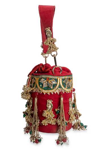 Buy_5elements_Red Embroidery, Beads, Stones, Mirrors, Tassels Mayurvalli Potli 