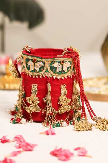 Shop_5elements_Red Embroidery, Beads, Stones, Mirrors, Tassels Mayurvalli Potli 
