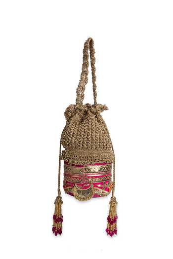 5elements_Pink Embroidery, Beads, Zari, Tassels Kanakraas Embellished Potli _Online_at_Aza_Fashions