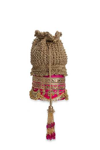5elements_Pink Embroidery, Beads, Zari, Tassels Kanakraas Embellished Potli _at_Aza_Fashions