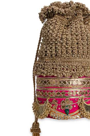 Buy_5elements_Pink Embroidery, Beads, Zari, Tassels Kanakraas Embellished Potli 