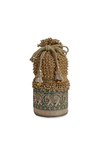 Shop_5elements_Green Beads, Zari, Tassels Gajraaj Embellished Potli _Online_at_Aza_Fashions