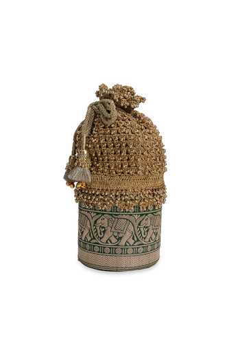 5elements_Green Beads, Zari, Tassels Gajraaj Embellished Potli _at_Aza_Fashions