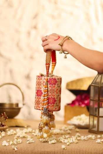 5elements_Multi Color Embroidery, Beads, Pearls, Tassels Utsavi Floral Pattern Potli _Online_at_Aza_Fashions