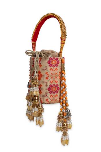 5elements_Multi Color Embroidery, Beads, Pearls, Tassels Utsavi Floral Pattern Potli _at_Aza_Fashions