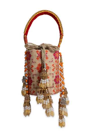 Buy_5elements_Multi Color Embroidery, Beads, Pearls, Tassels Utsavi Floral Pattern Potli 