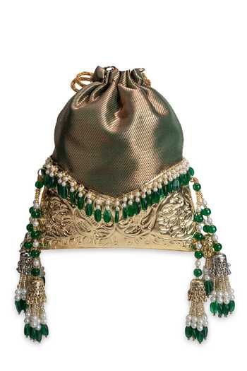5elements_Green Beads, Pearls, Metallic Thread, Tassels Pannareshmi Brocade Potli _Online_at_Aza_Fashions