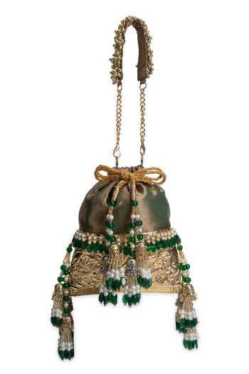Buy_5elements_Green Beads, Pearls, Metallic Thread, Tassels Pannareshmi Brocade Potli _Online_at_Aza_Fashions