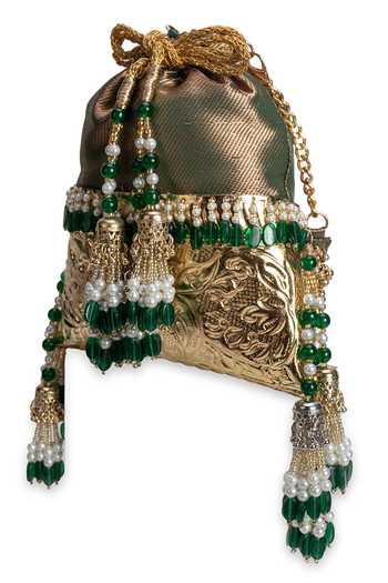 Shop_5elements_Green Beads, Pearls, Metallic Thread, Tassels Pannareshmi Brocade Potli _Online_at_Aza_Fashions