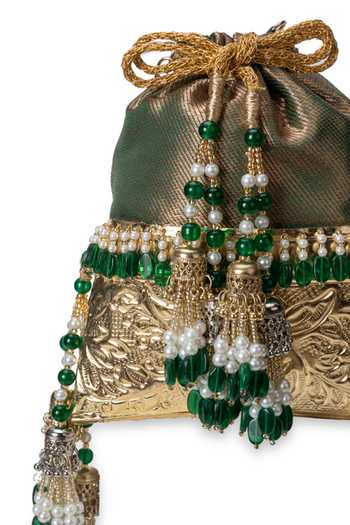 5elements_Green Beads, Pearls, Metallic Thread, Tassels Pannareshmi Brocade Potli _at_Aza_Fashions