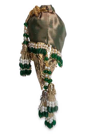 Buy_5elements_Green Beads, Pearls, Metallic Thread, Tassels Pannareshmi Brocade Potli 
