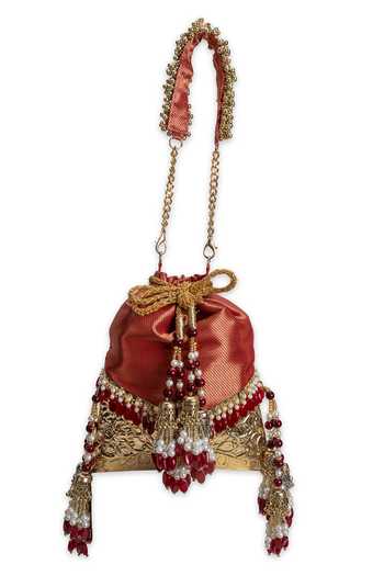 5elements_Red Beads, Pearls, Zari, Tassels Raktima Brocade Potli _Online_at_Aza_Fashions