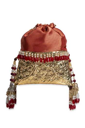 Buy_5elements_Red Beads, Pearls, Zari, Tassels Raktima Brocade Potli _Online_at_Aza_Fashions