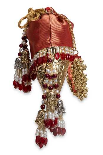 Shop_5elements_Red Beads, Pearls, Zari, Tassels Raktima Brocade Potli _Online_at_Aza_Fashions