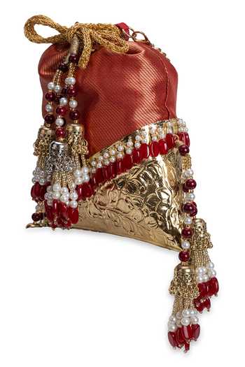 5elements_Red Beads, Pearls, Zari, Tassels Raktima Brocade Potli _at_Aza_Fashions