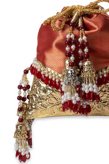 Buy_5elements_Red Beads, Pearls, Zari, Tassels Raktima Brocade Potli 