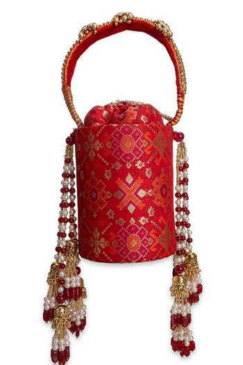 5elements_Red Embroidery, Beads, Pearls, Zari, Tassels Sindoorika Floral Pattern Potli _Online_at_Aza_Fashions