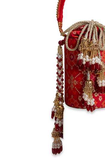 Buy_5elements_Red Embroidery, Beads, Pearls, Zari, Tassels Sindoorika Floral Pattern Potli _Online_at_Aza_Fashions