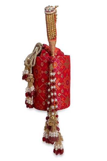 Shop_5elements_Red Embroidery, Beads, Pearls, Zari, Tassels Sindoorika Floral Pattern Potli _Online_at_Aza_Fashions