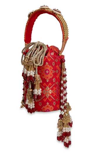 5elements_Red Embroidery, Beads, Pearls, Zari, Tassels Sindoorika Floral Pattern Potli _at_Aza_Fashions