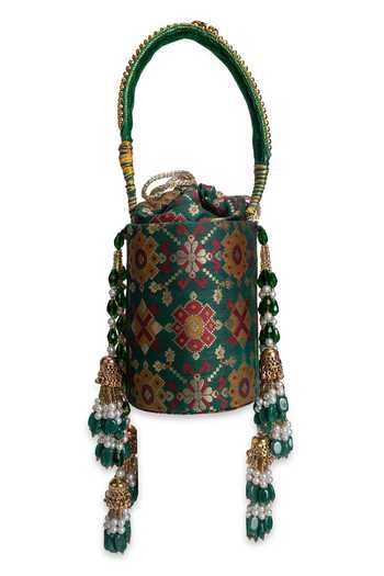5elements_Green Beads, Pearls, Zari, Tassels Pannika Floral Motif Pattern Potli _Online_at_Aza_Fashions