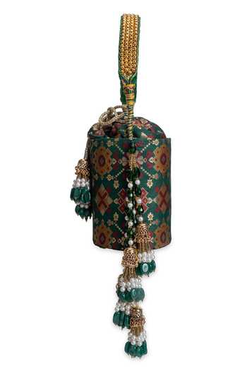 Buy_5elements_Green Beads, Pearls, Zari, Tassels Pannika Floral Motif Pattern Potli _Online_at_Aza_Fashions