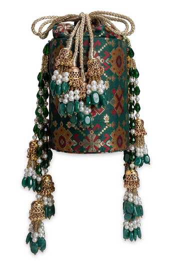 Shop_5elements_Green Beads, Pearls, Zari, Tassels Pannika Floral Motif Pattern Potli _Online_at_Aza_Fashions